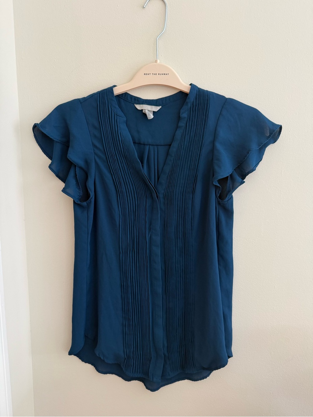 H&M Deep Teal Pintuck V-Neck Flutter Sleeve Top